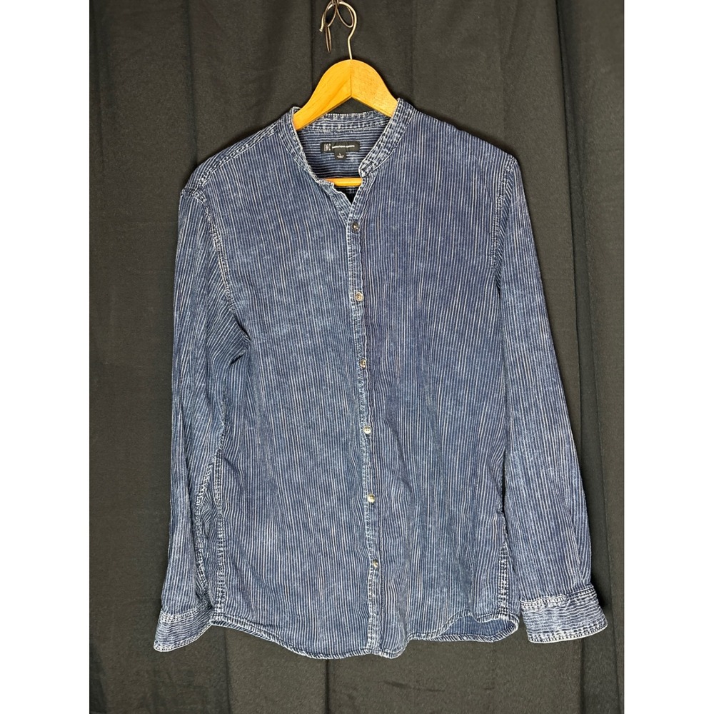 INC International Concepts Mens Large Blue Pinstripe Mandarin Collar Denim Shirt